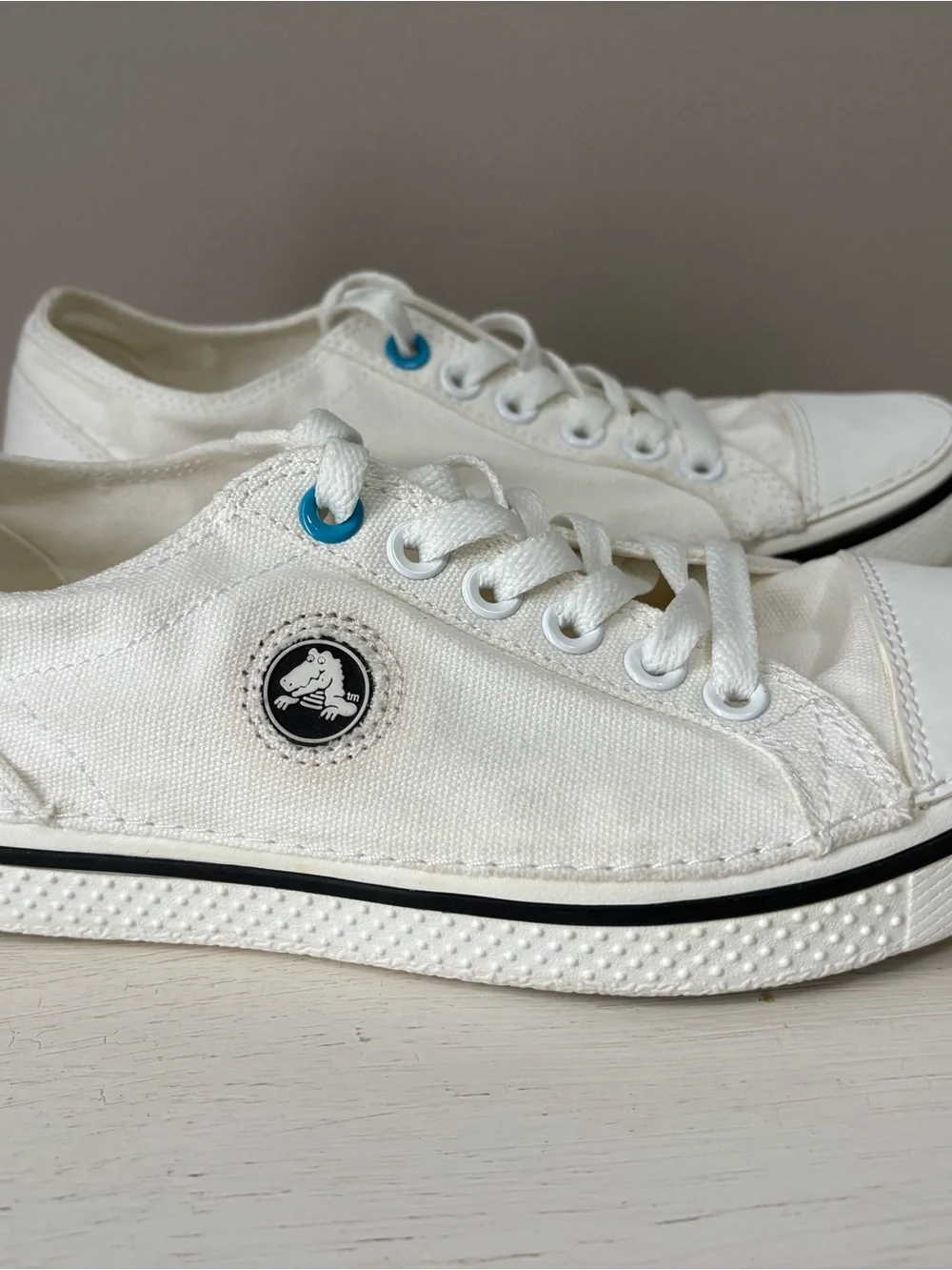 CROCS White Low-Top Canvas Sneakers with Black Stripe and Blue Eyelets